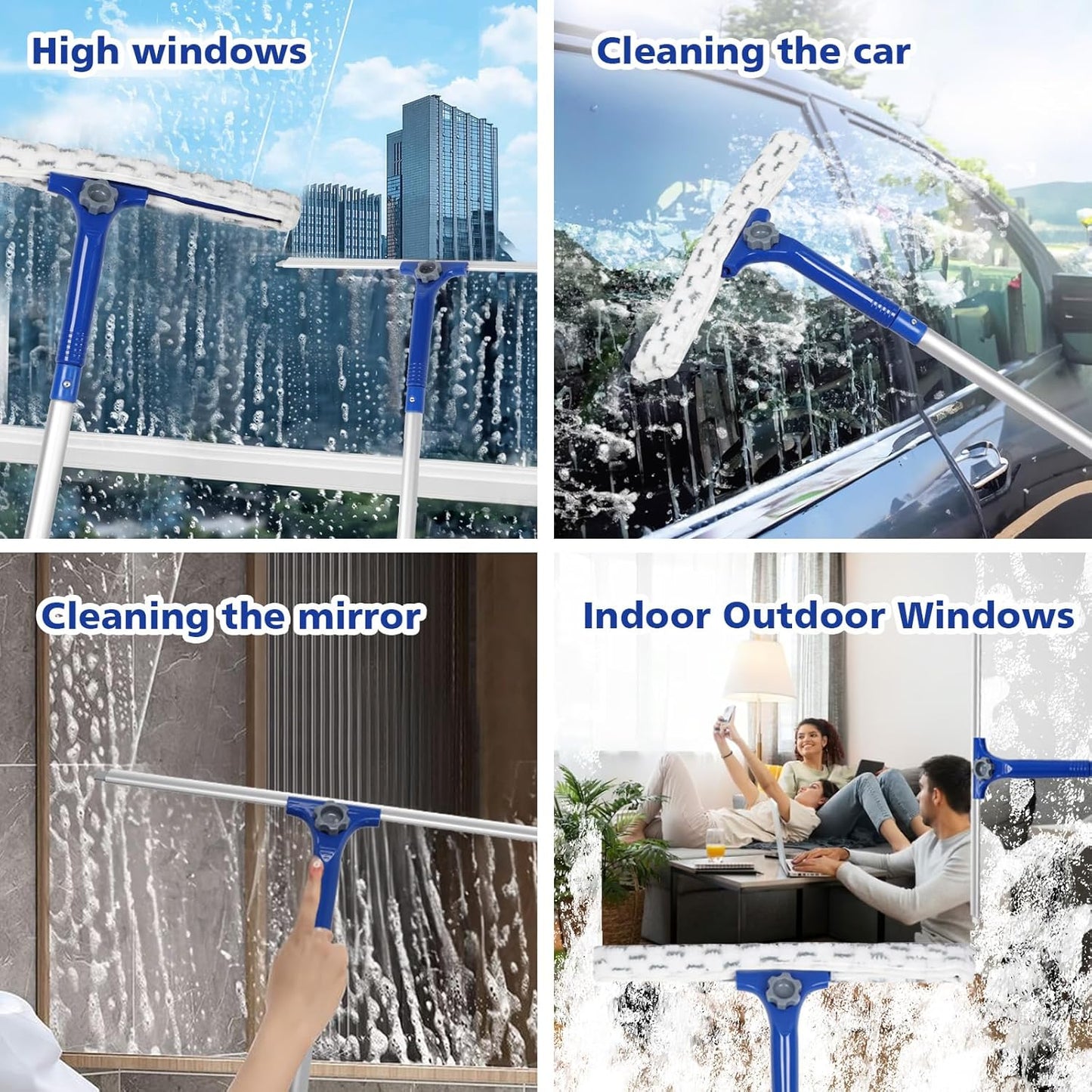 Window Shower Squeegee with 2 Pads Microfiber Scrubber, 14" Rubber Scrubber Squeegee with 59" Long Aluminum Handle for Window, Shower Glass Door, Mirror Cleaning