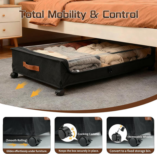 Under Bed Storage with Wheels, Black, 35L Large Capacity | Clear Lid & Label, Rolling Metal Drawer, For Clothes, Shoes, Toys, Books, Blankets