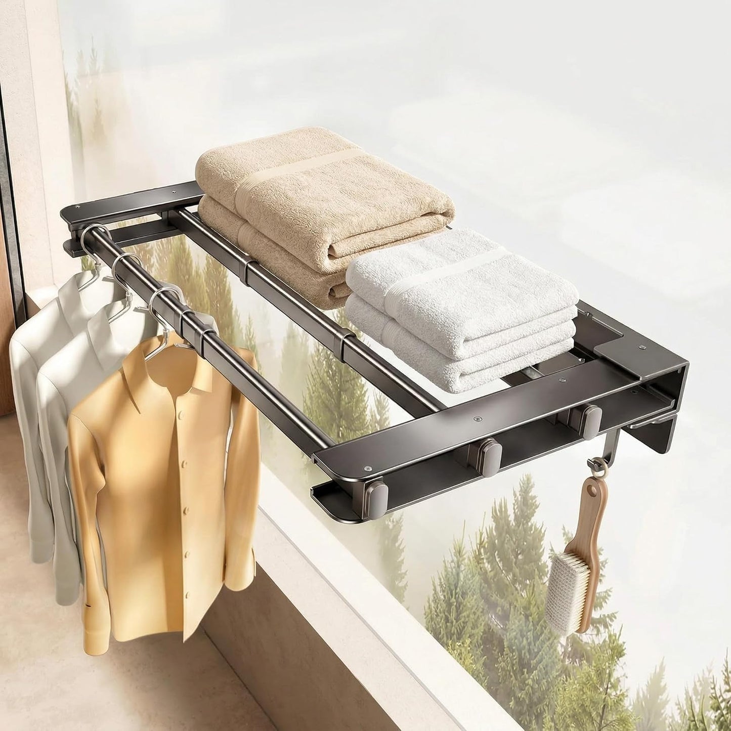 Clothes Drying Rack Foldable,Pool Towel Rack Outdoor | 41" Aluminum Wall Mount Retractable with 5 Hook