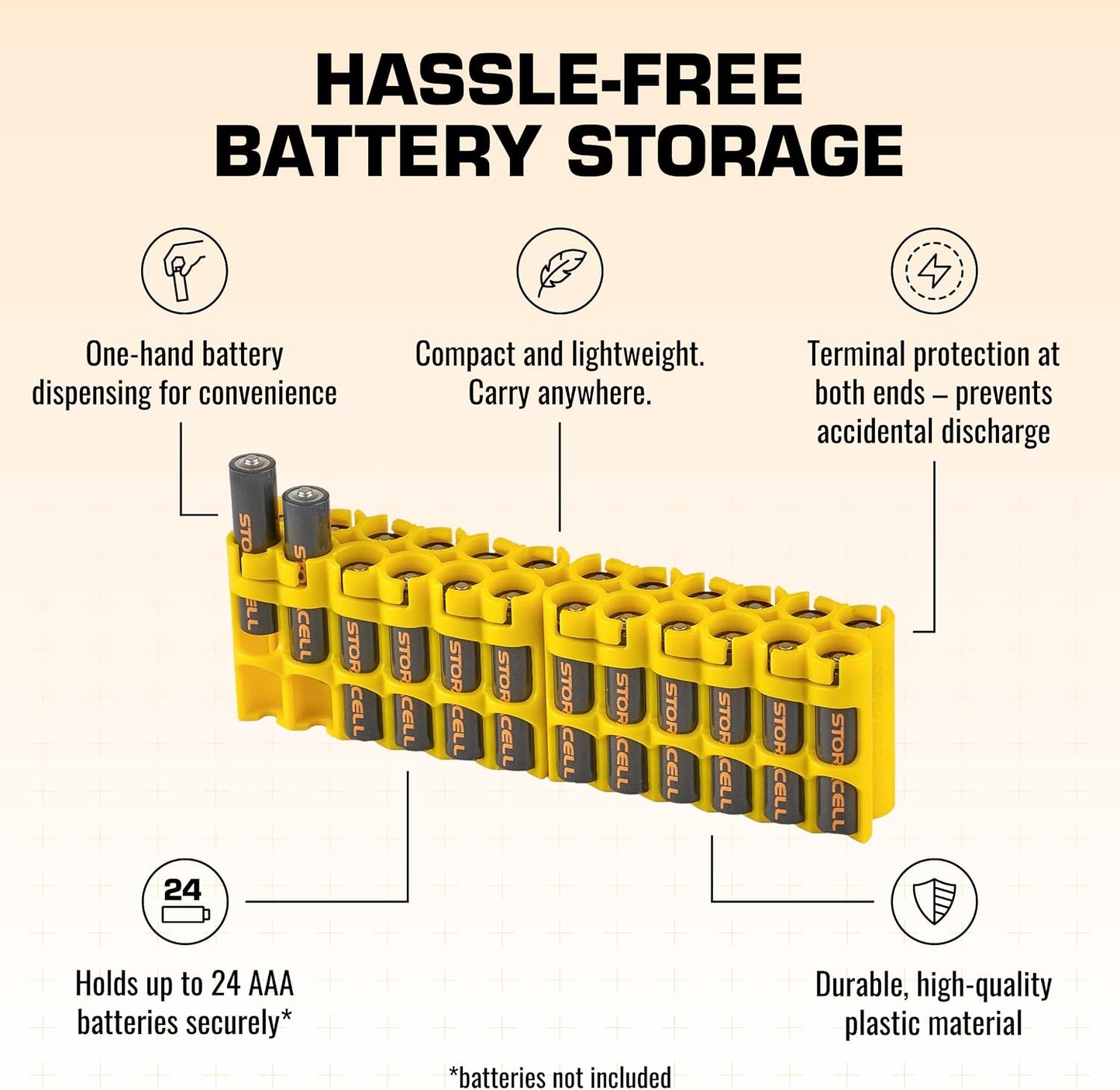 AA Battery Storage Caddy by Storacell, Yellow - Holds 24 Batteries (Not Included)