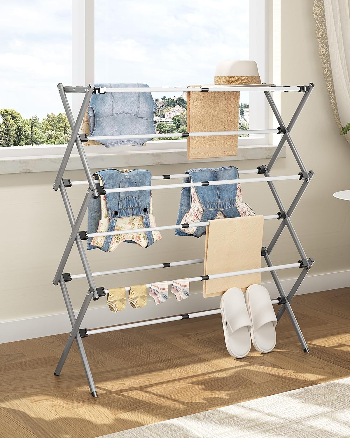 APEXCHASER Drying Rack Clothing - 3 Tier Metal Clothes Drying Rack Collapsible, Laundry Drying Rack Expandable, Small Clothe Airer for Baby Clothes Towel Bib Sock Indoor Outdoor Use(White)