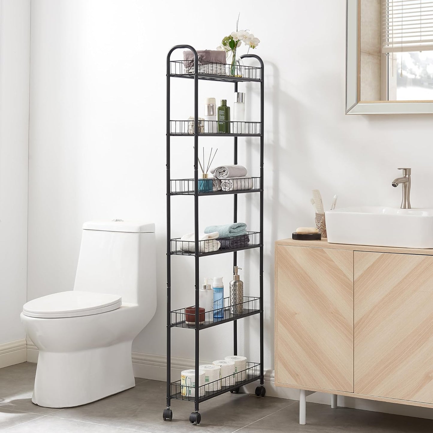 6-Tier Storage Cart Wire Slim Shelving Shelf with Wheels for Small Spaces, Rolling Tall Organizer Storage for Bathroom, Kitchen, Home, Garage, Bedroom, Closet (Black, 10“D)