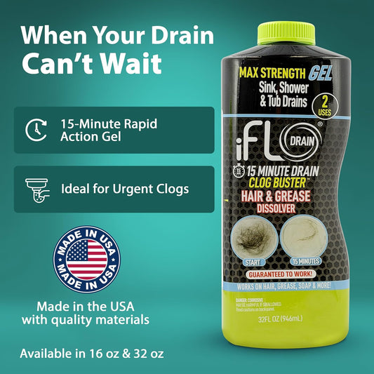 iFLO 15-Minute Drain Cleaner Gel – Fast-Acting Clog Remover for Kitchen, Bathroom, Sink & Shower, Ultra-Thick Formula for Quick Drain Unclogging – Strong Maintenance Cleaner - 16oz