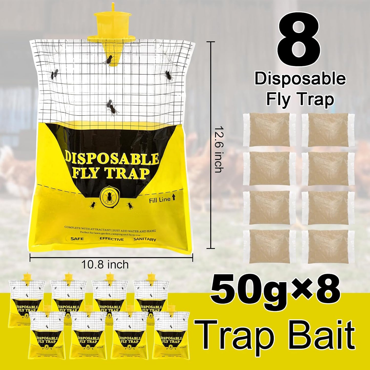 Outdoor Fly Traps for Patio, 4 Pack Pre-Baited Big Fly Bags Outdoor Disposable, Hanging Fly Catcher Hunter Stable Horse Ranch Control Repellent Killer for Barn, Farm
