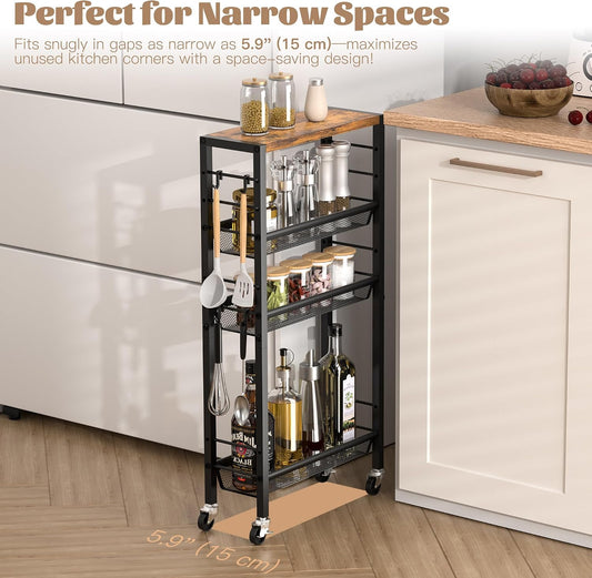 Narrow Storage Cart with Wheels,4-Tier Narrow Kitchen Carts Slim Rolling Cart,Skinny Storage Cart for Small Spaces,Rolling Utility Cart for Livingroom,Diningroom,Office,Laundry Room,Bathroom