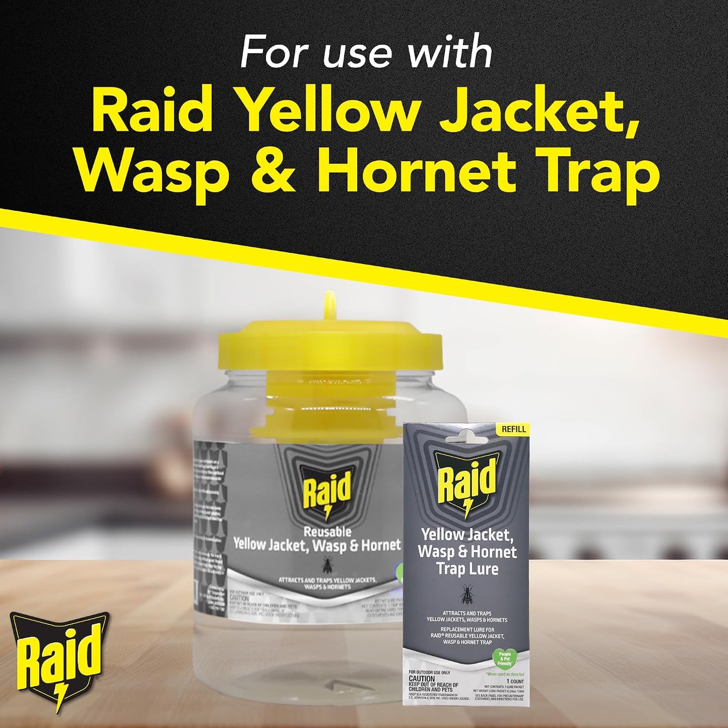 Raid Reusable Yellow Jacket, Hornet & Wasp Trap Refill, 1 Pack, Water-Activated Lure for Raid Hanging Jar Traps, Insecticide-Free, Food-Based Attractant, Easy to Use, Hang or Place Outdoors