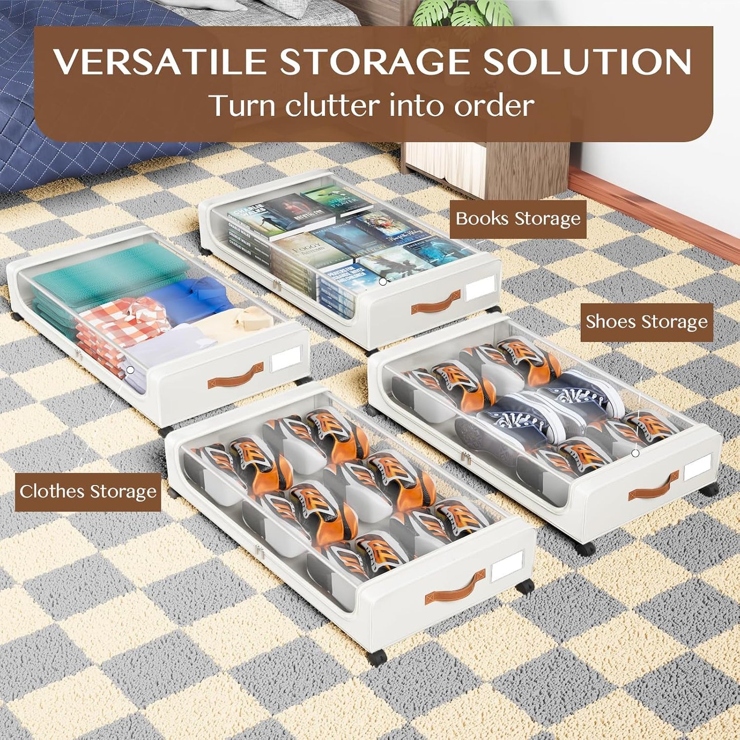 Under Bed Storage with Wheels, UnderBed Storage Containers with Clear Lid and Handles, XXL 60L Under the Bed Storage Bins Drawers for Clothes,Blankets,Shoes,Books (BLACK, 2 PACK)