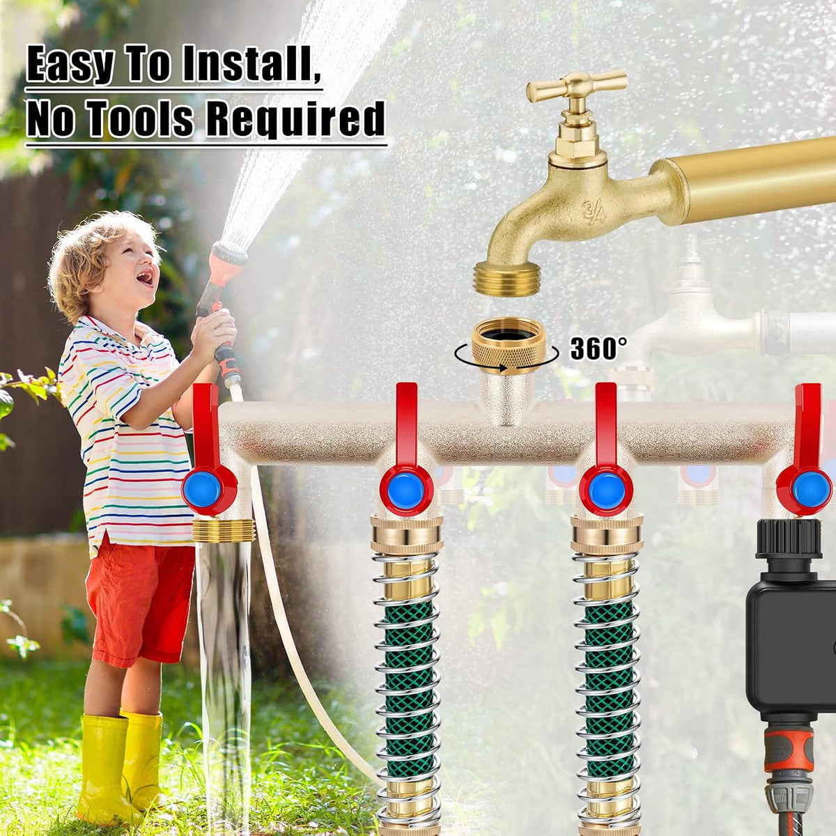 Upgraded Brass Garden Hose Splitter, 3/4" Hose Splitter 2 Way Heavy Duty with Extension Handles, Outdoor Faucet Splitter Water Spigot Splitter with Individual On/Off Valve