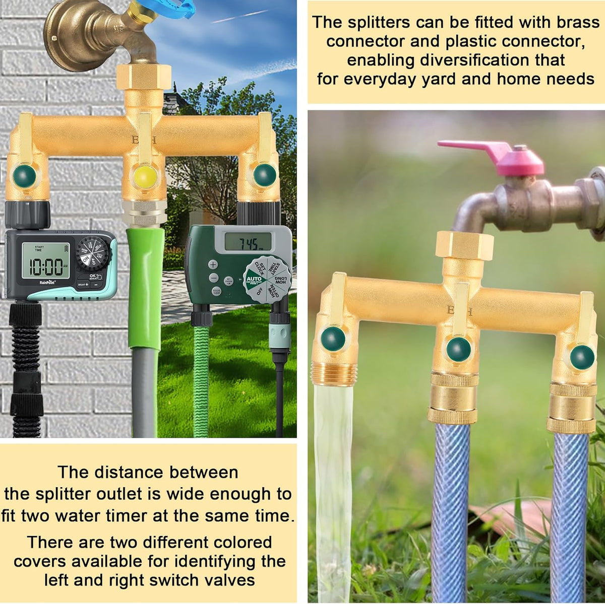 EBH Brass Garden Hose Splitter, 3 Way High Flow Outdoor Faucet Splitter,Full Flow 3-Way Brass Heavy Duty Hose Splitter With 3 Long Metal Handle and Individual On/Off Valve。