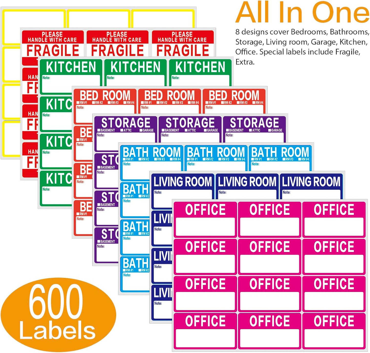 300 Count 3.5 x 2 Large Home Moving Packing Box Labels for 3-4 Bedroom House with Writable Notes Areas, 7 Color Coded Moving Labels for Boxes + Fragile Moving Stickers