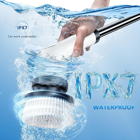 Electric Spin Scrubber Upgraded Battery with Extra-Long Runtime, IPX7 Waterproof Power Cleaner with 7 Brush Heads, 2 Speeds Adjustable Long Handle for Bathroom, Floor, Shower, Tile & Kitchen Cleaning