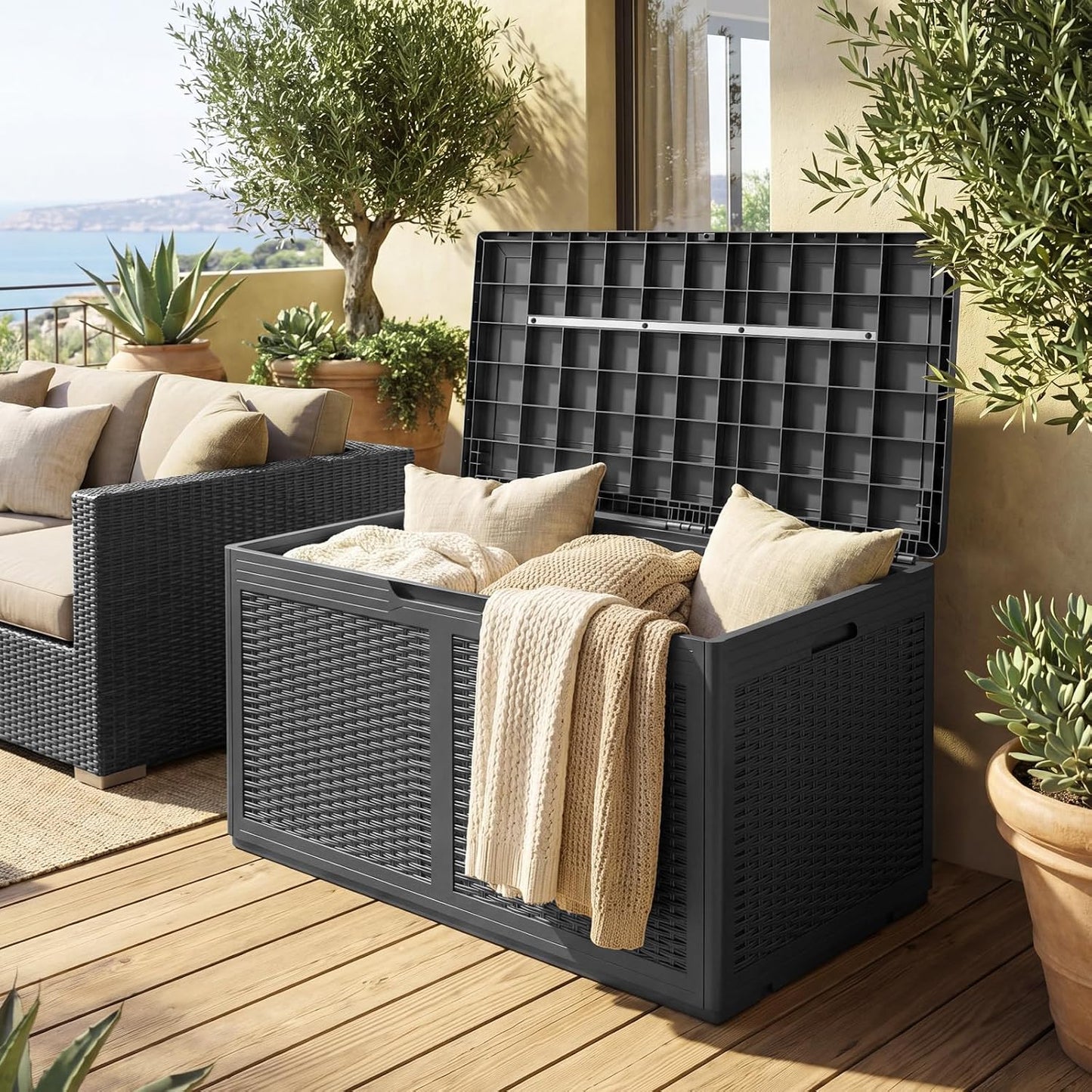 Tangkula 100 Gallon Outdoor Storage Box, Lockable Outdoor Storage Bench with 2 Smooth Wheels, Faux Rattan Surface, Waterproof Resin Deck Box for Outside Poolside Patio Garden (Brown)