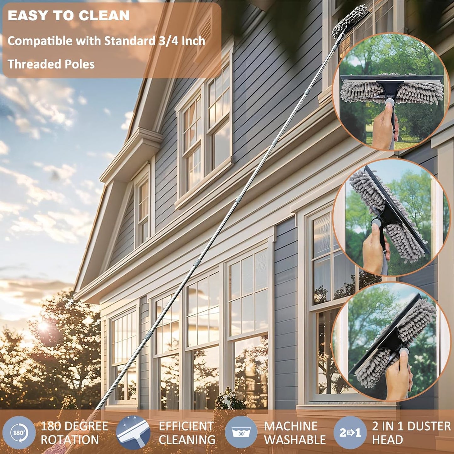 2 in 1 Window Washing Squeegee & Duster Window Cleaning Tool with 2 Pad Compatible with Standard 3/4 Inch Threaded Poles for Home Indoor Outdoor Window Washing//Duster Head Only (Gray)