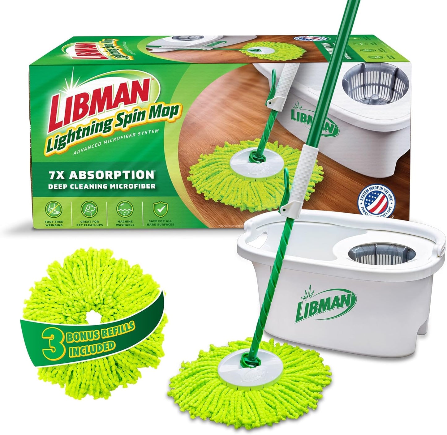 Libman Lightning Spin Mop System | Mop and Bucket with Wringer Set | Spin Mop | Mops for Floor Cleaning | Hardwood Floor Mop | 1 Total Mop Head Included