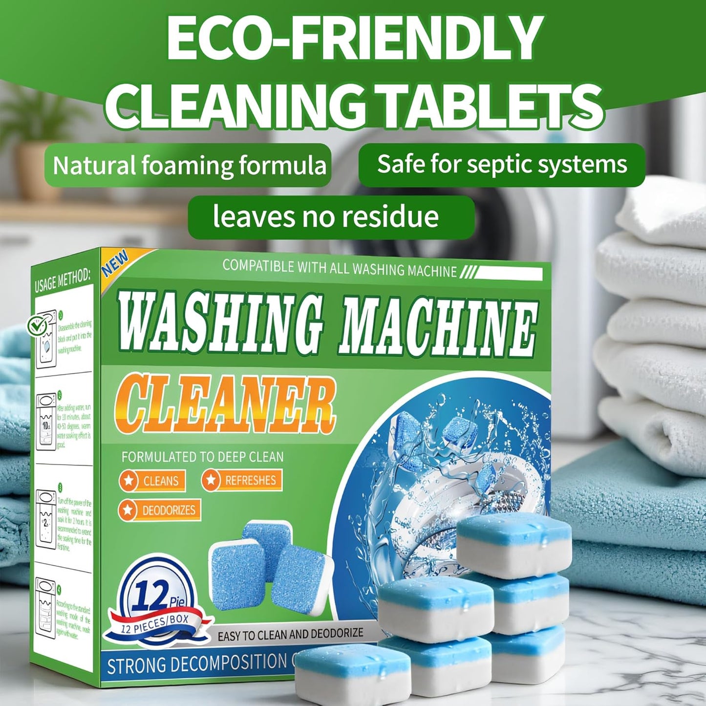 Washing Machine Cleaner Tablets 12 Pack - Deep Cleaning Tablets for HE Front & Top Load Washers, Septic Safe, Eco-Friendly, Removes Residue & Odors