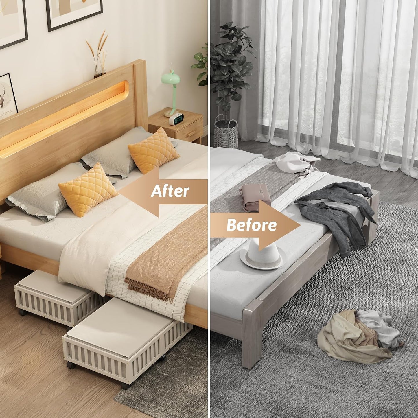 Bamboo Under Bed Storage Containers with Wheels, 2 Pack Under the Bed Shoe Storage Bins, Wood Rolling Underbed Drawers with Bag Organizer for Bedroom, Sheets Clothes Blanket Comforter, Under Crib Toy