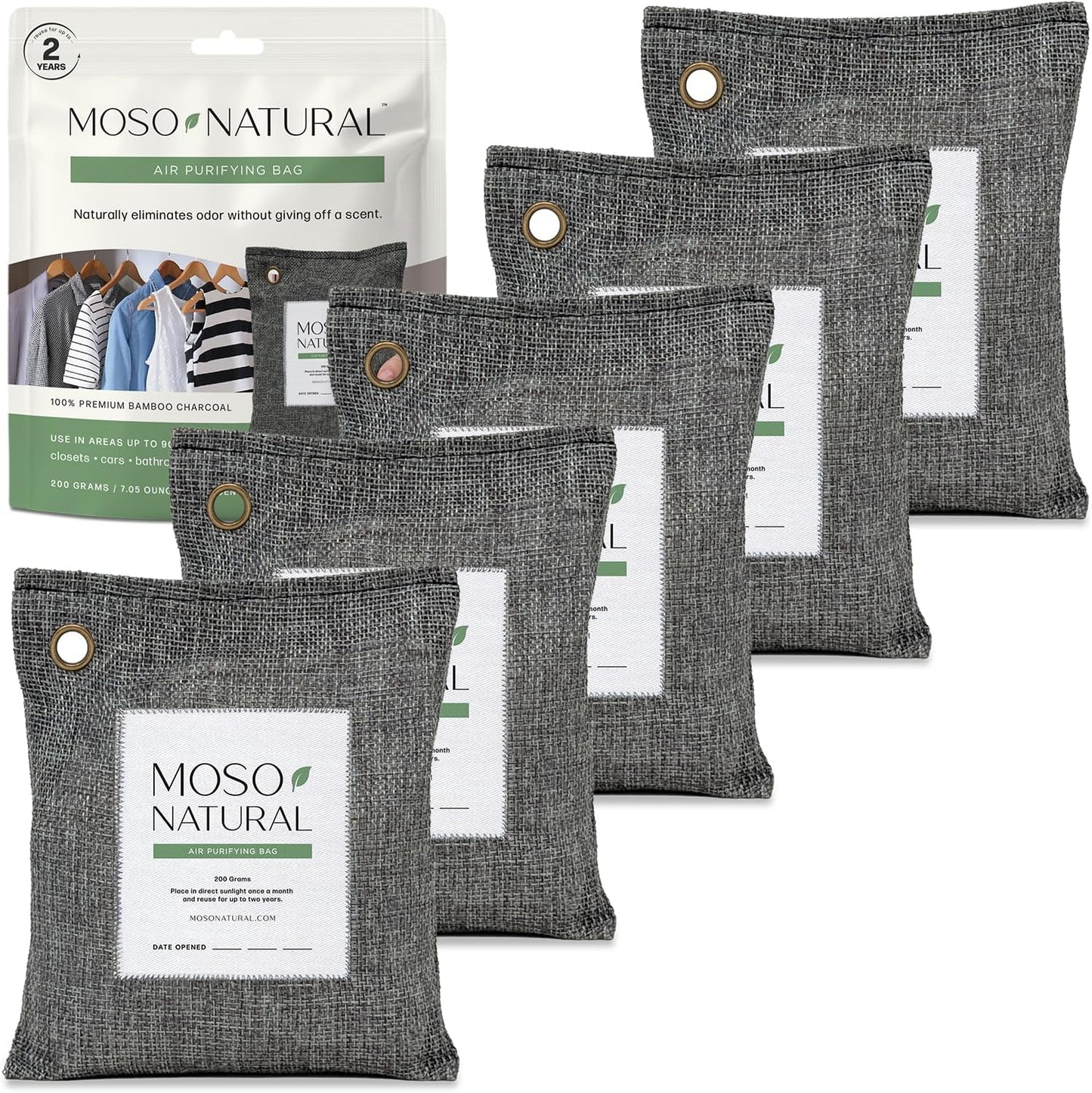 Moso Natural Air Purifying Bag 200g Charcoal Odor Absorber, Car Odor Eliminator & Closet Deodorizer for Home & Pet, Lasts 2 Years, Unscented Bamboo Charcoal Bags, HGTV Editors' Pick
