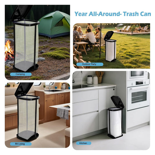 Collapsible Trash Bag Holder Portable Garbage Bin Holder Stand for Kitchen Outside High Capacity Plastic Outdoor Trash Can with Lid for Parties and Camping, Black