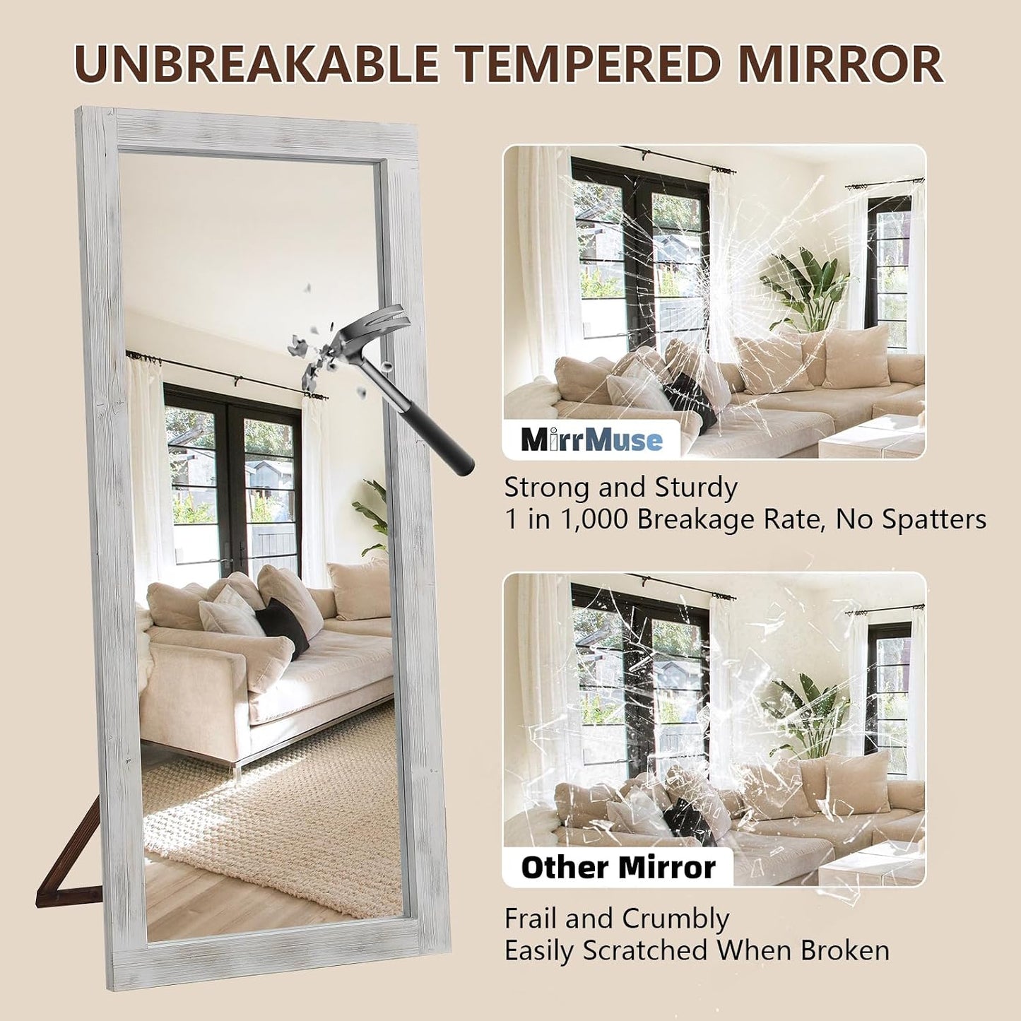 Rustic Standing Full Length Mirror Wood Frame, 56"X21" Farmhouse Floor Mirror for Bedroom Living Room Entryway, Hanging or Leaning Wall-Mounted Full Body Mirror, Tempered Glass, White
