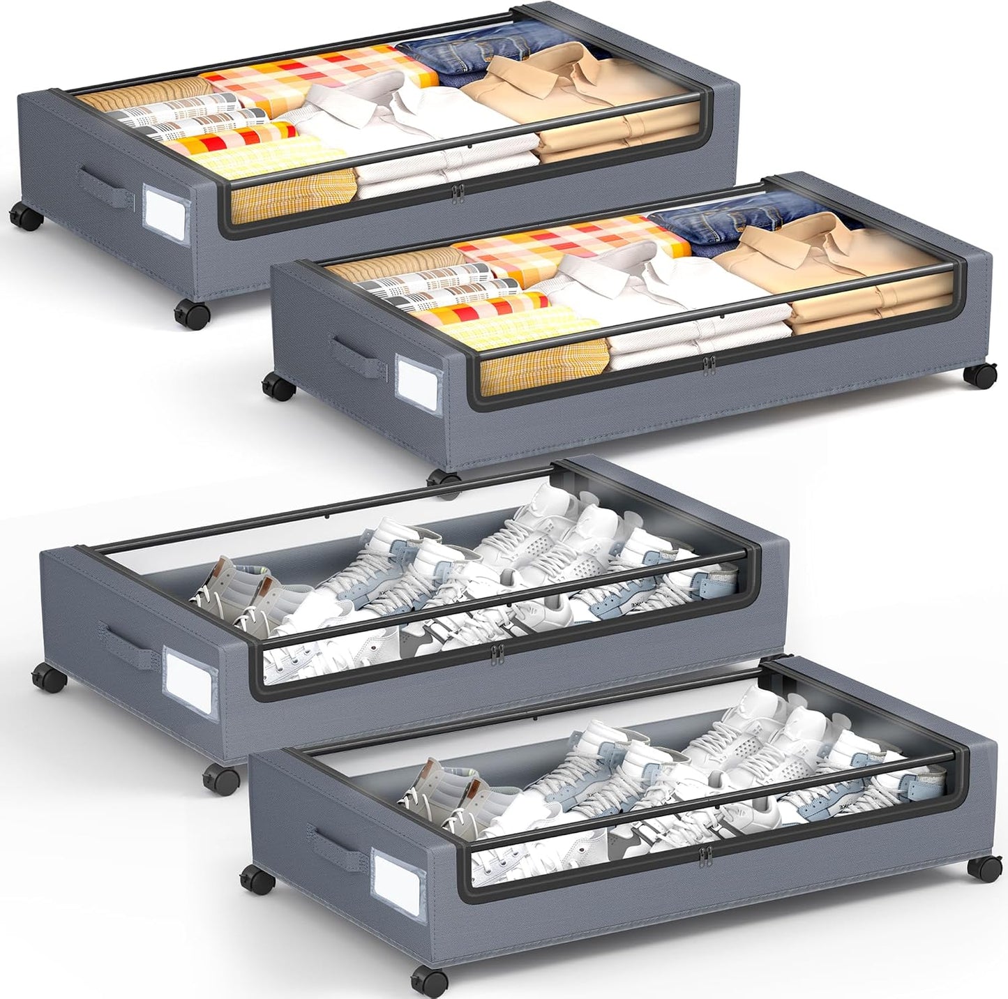 Under Bed Storage With Wheels, 2 Pack Square Containers, 60L Bins, Rolling Metal Drawer for Clothes, Blankets, Shoes
