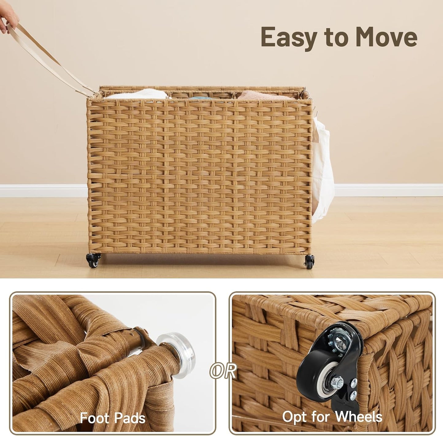 Laundry Hamper with Wheels, 52.8 Gallon(200L) Rolling Laundry Basket with Lid, Removable Large 3 Color Liners & 3 Mesh Laundry Bags, Clothes Hamper with Side Pocket, Natural
