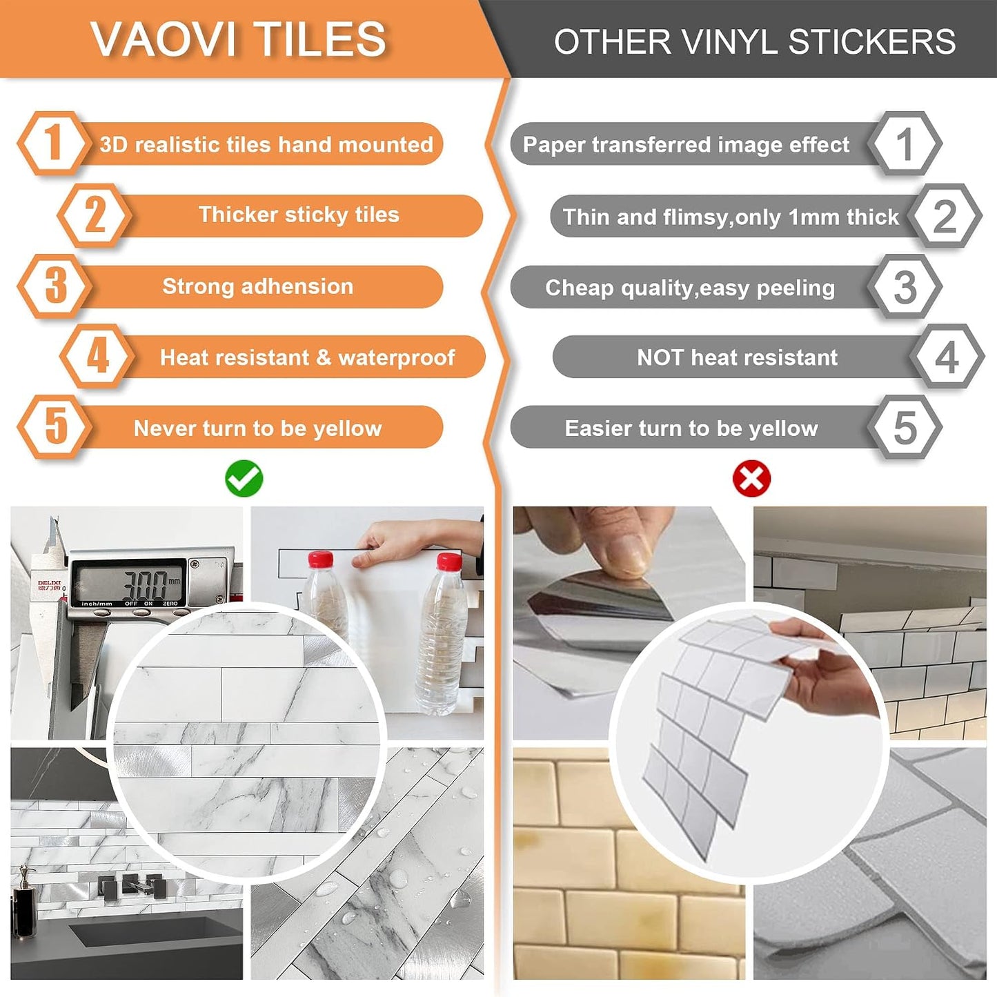 VAOVI Backsplash Tile Peel and Stick Kitchen Stone Subway Linear Mosaic Bathroom Shower Wall Waterproof(10pcs,Gray)