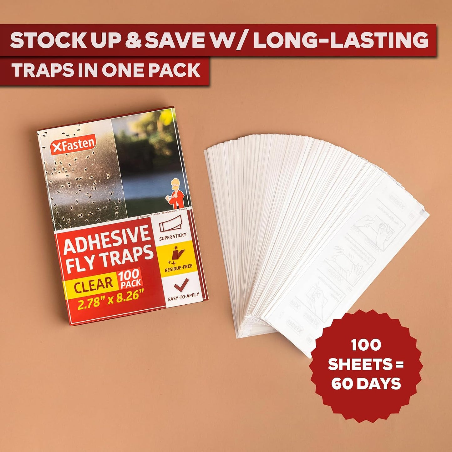 XFasten Window Fly Traps Sticky Clear 50-Pack Fruit Fly Traps for Indoors Sticky, Residue-Free, Odorless, Discreet Adhesive Indoor Catcher for Fruit Flies Houseflies, Gnats on Windows Kitchen Garage