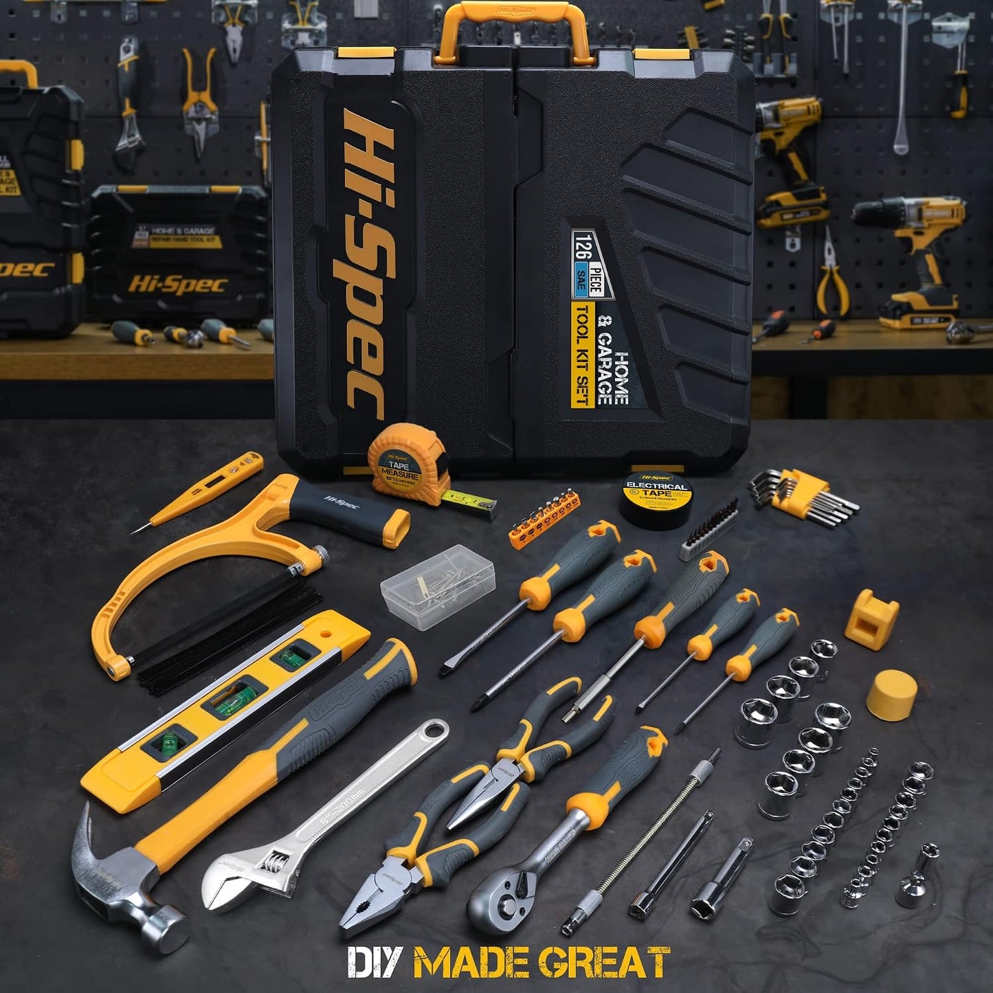Hi-Spec 57pc Home Garage DIY Tool Kit Set. Complete Beginner Handyman and Home Mechanics Tool Box Set for Auto, Car, Bike and Household Repairs