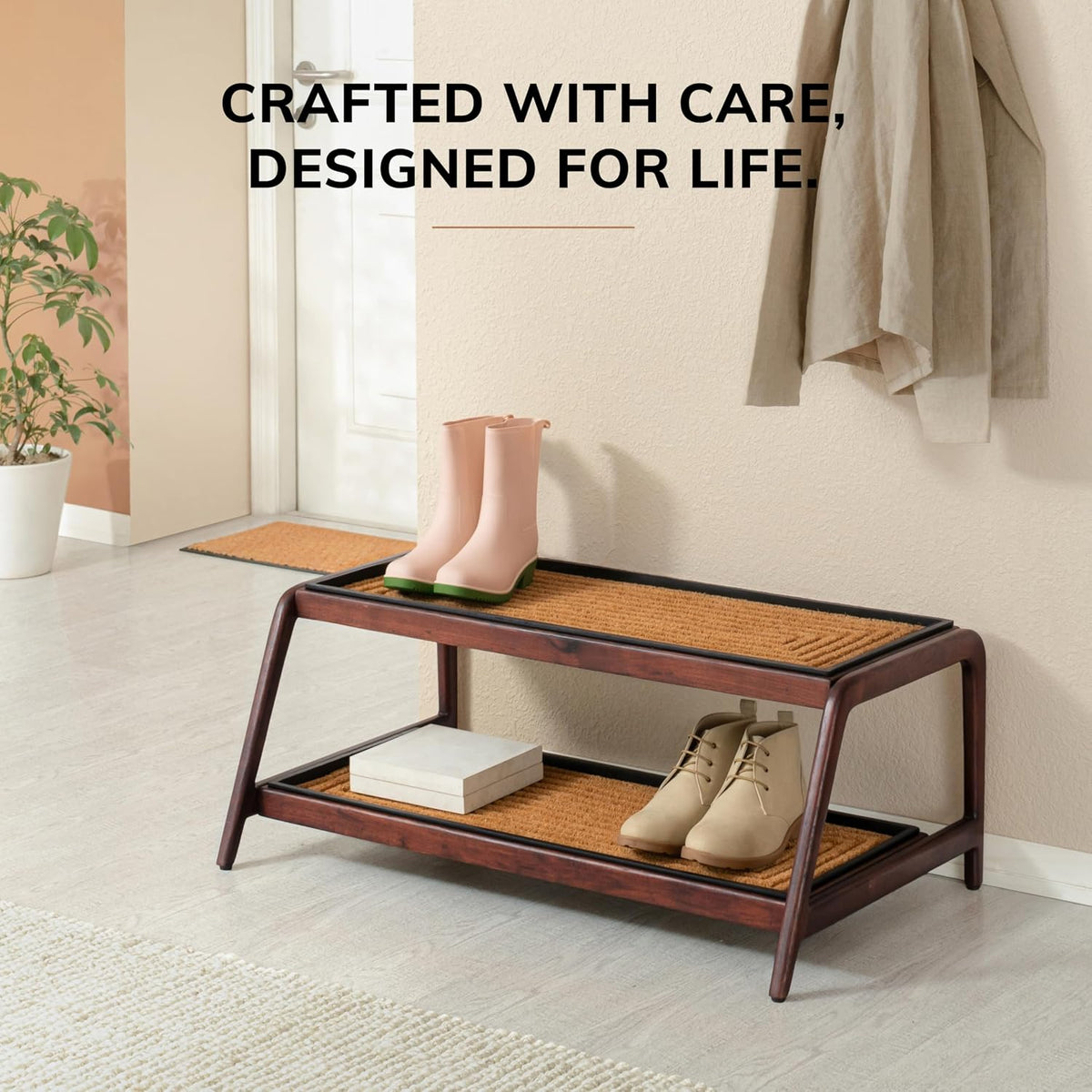 Anji Mountain Heavy Duty Waterproof Wooden Shoe Storage Mat Organizer/Boot Storage Tray Multi Use for Entryway with Coir, Gray and Ivory Insert, 1 Tier, Fits 2 Pair (26.5" Wide)