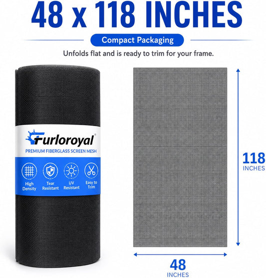48" x 118" Window Screen Replacement Mesh, Black Fiberglass Screen for Window & Screen Door Repair, Durable High Visibility Mesh for Patio, Sliding Door & Window Screens