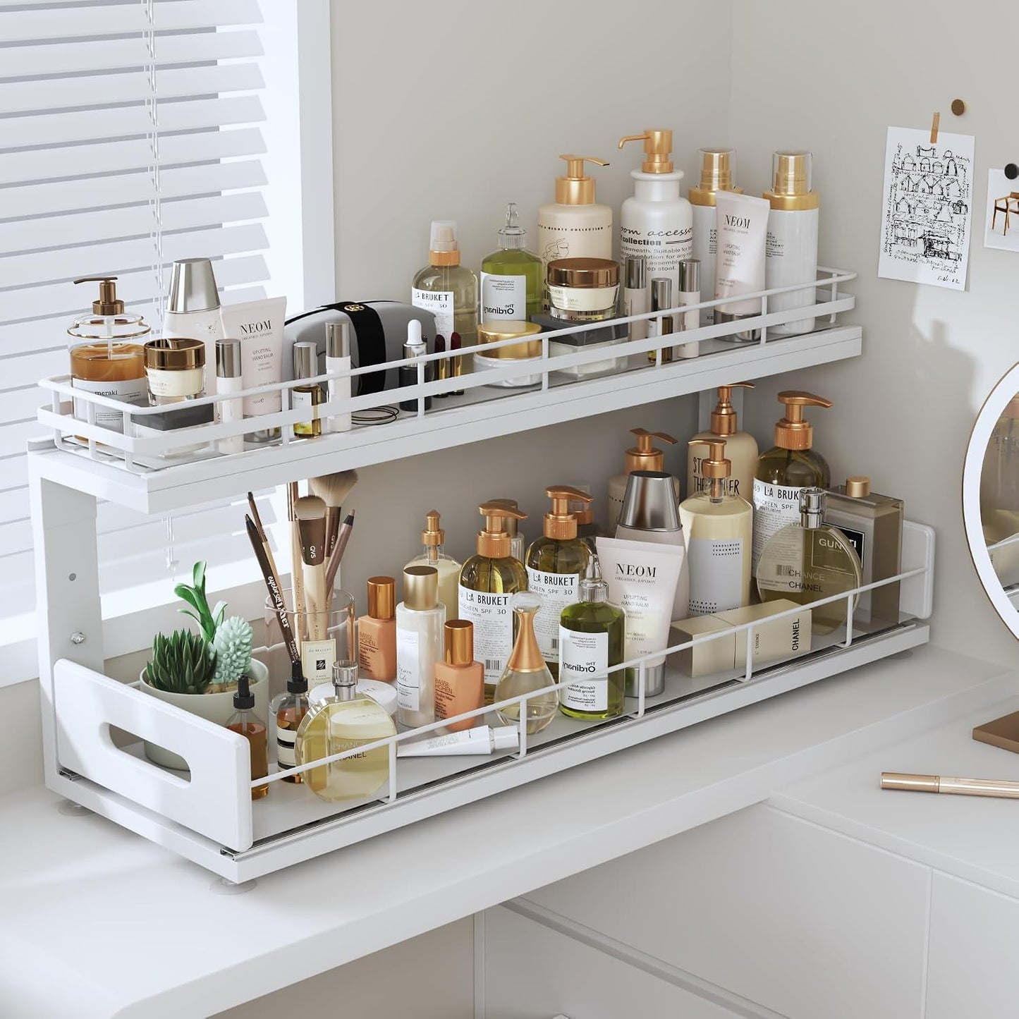 Under Sink Organizer Upgrade To Professional Rails,2-Tier Dual Pull Out Cabinet Storage,Height Adjustable Slide Out Drawers For Bathroom Kitchen,2 Pack-14.5" Dx12.8-16.9" H,White