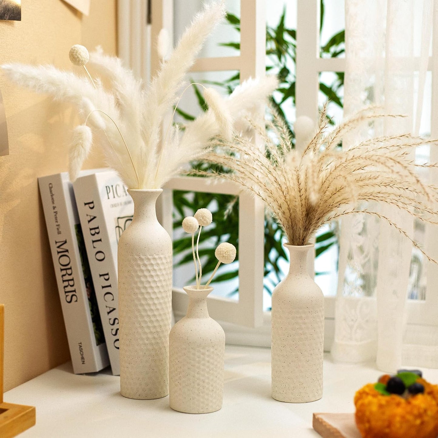 Small White Vases for Home Decor, Decorative Ceramic Vase Set, Matte Finish Honeycomb Texture, Modern Farmhouse Vases for Coffee Table, Bookshelf, Kitchen, Bathroom, Office Desk Decor