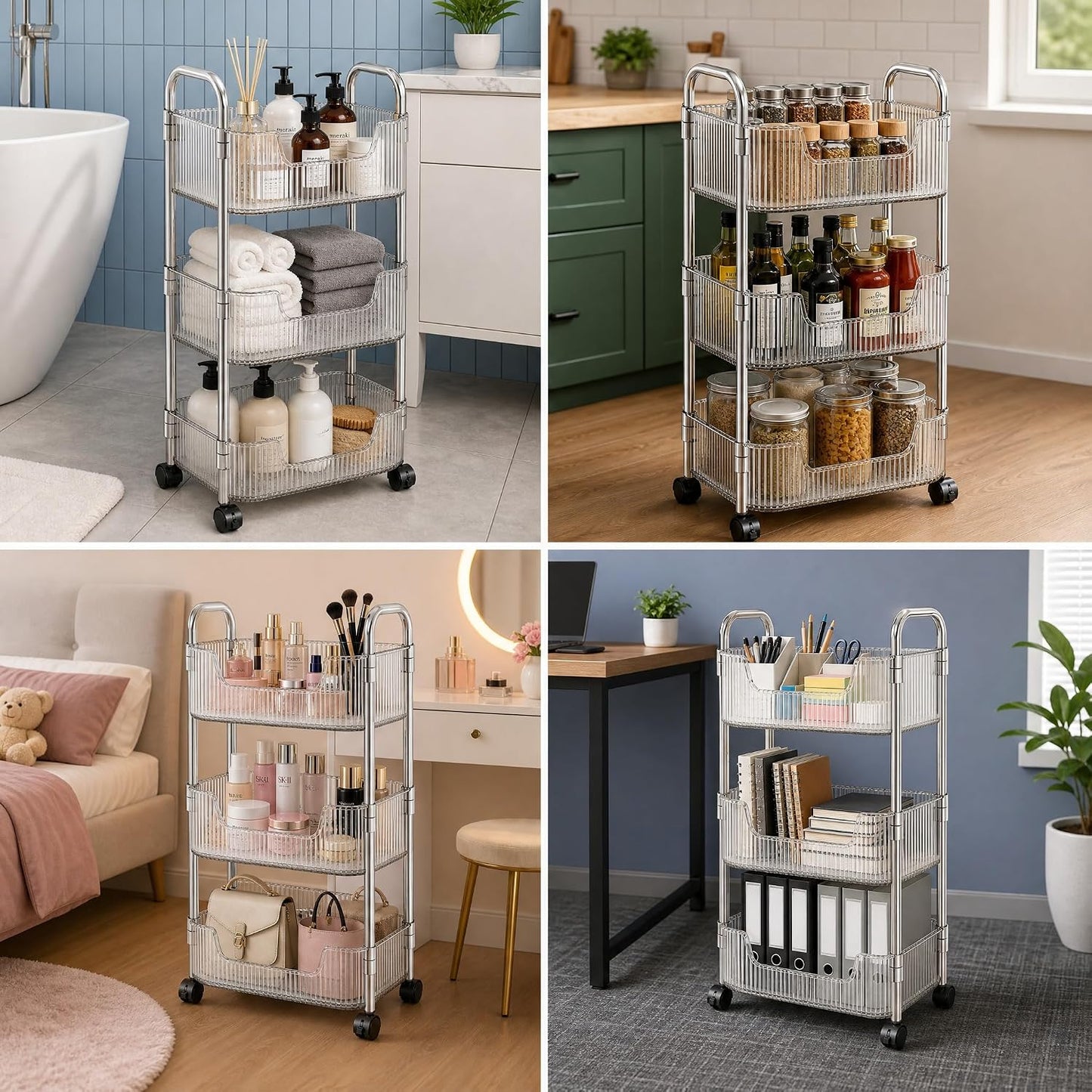 3 Tier Rolling Cart with Lockable Wheels, Clear Acrylic Slim Utility Cart, 13" x 8.3" x 26" Narrow Storage Organizer for Bathroom, Kitchen, Office - Lightweight & Tool-Free Assembly (Clear)