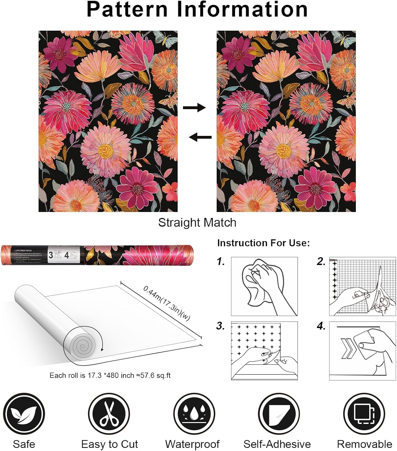 Simon&Siff Floral Wallpaper Peel and Stick Boho Contact Paper Removable Self Adhesive Waterproof Wall Paper for Cabinets Bedroom Decorative 17.3" x 120"