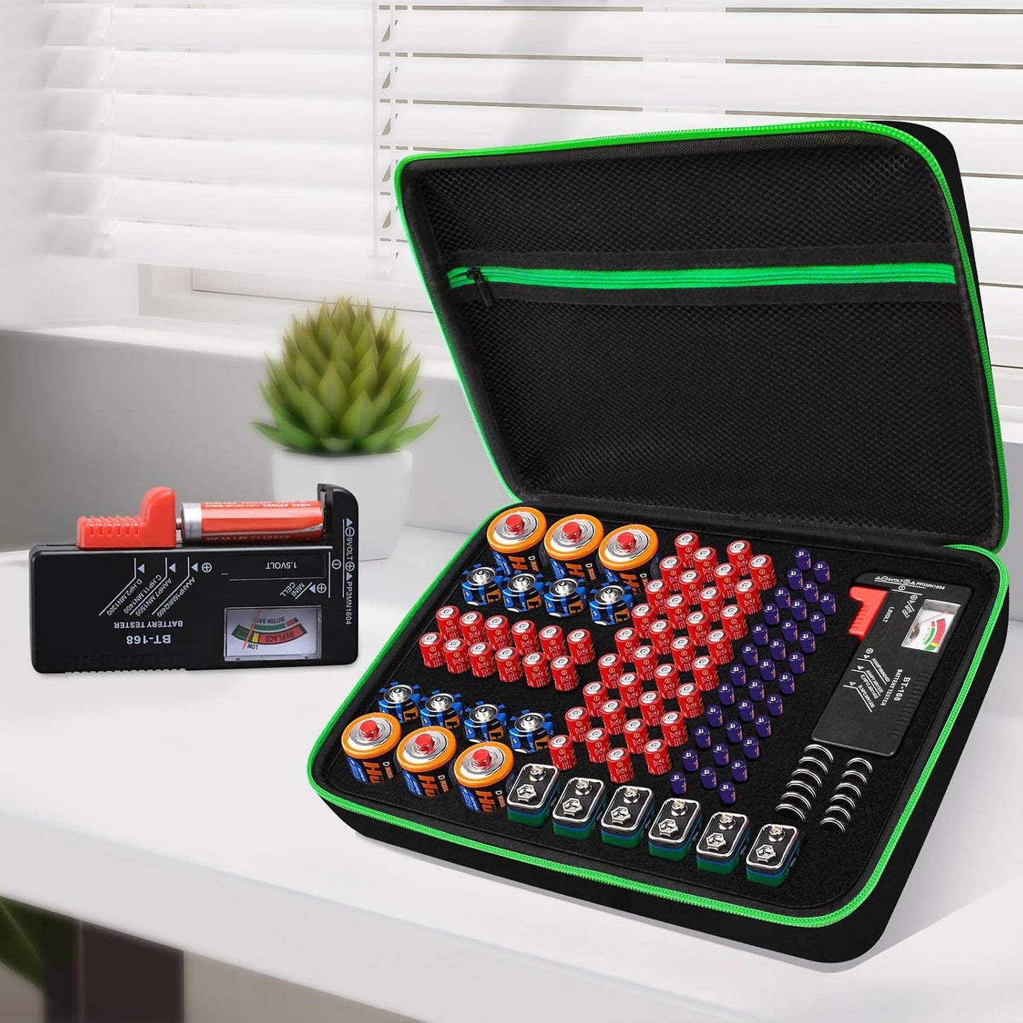 Battery Organizer Storage Case with Tester for AA AAA C D 9V Battery Holder 7 Batteries Variety Pack 111 Batteries Mesh Bag (Batteries Not Included) (black-green)