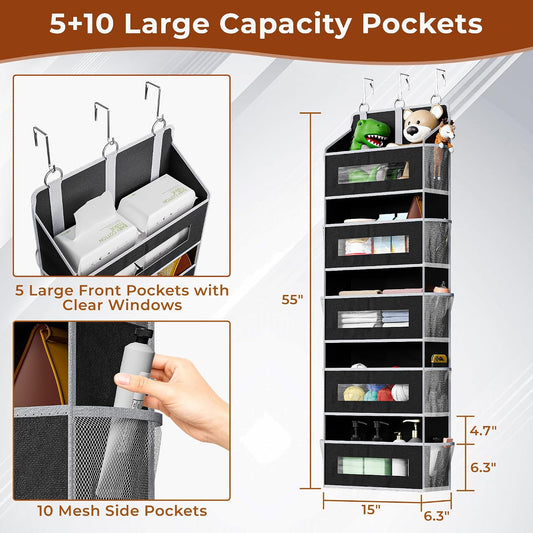 2 Pack 5 Tier Over The Door Organizer - Large Capacity Behind Door Hanging Shelves with 10 Mesh Pockets and Clear Windows, Closet Organizers and Storage for Bathroom, Bedroom, Nursery, Grey