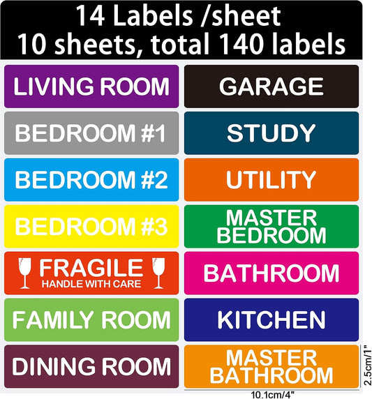 140 Pcs Home Moving Color Coding Labels, Livingroom, Bedroom, Kitchen, Dining Room, Bathroom Label, 14 Spaces Sticker/Sheet(10 Sheets) 1×4 Inch