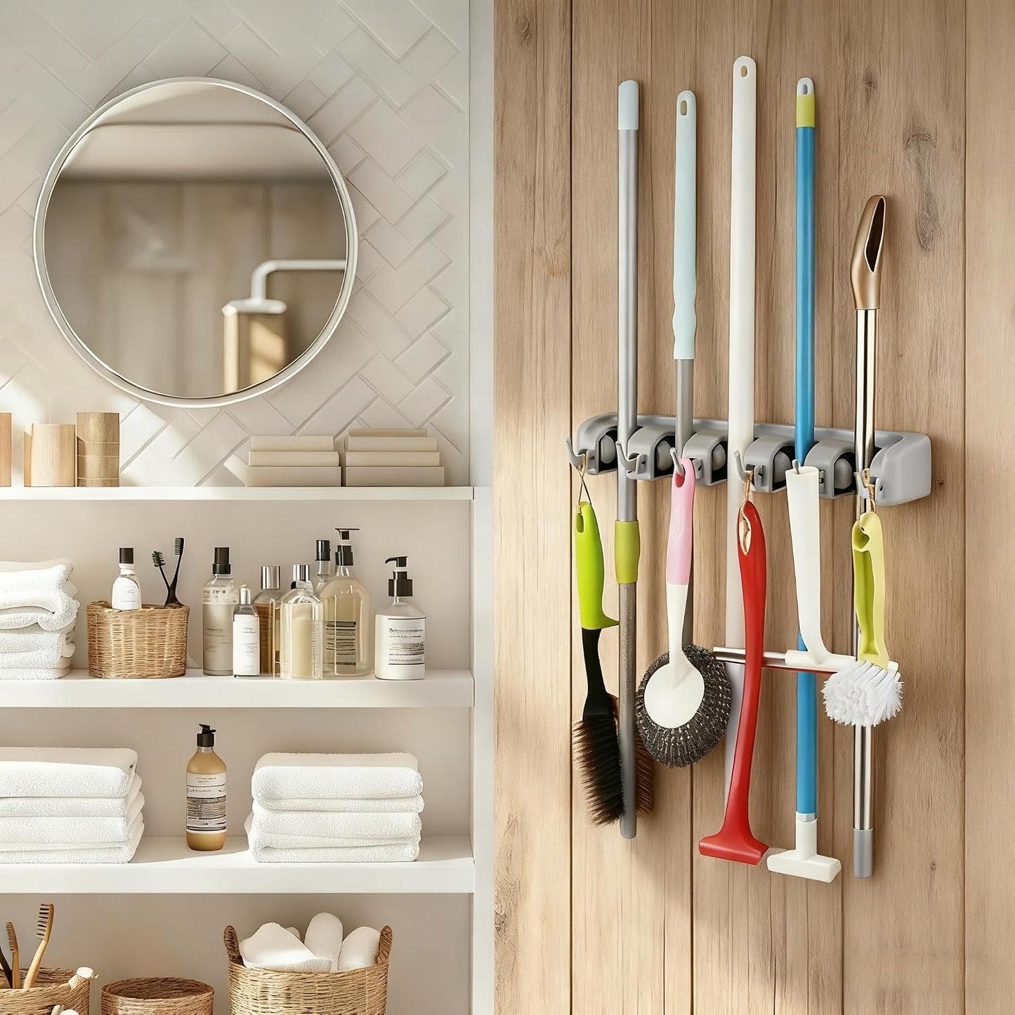 TOGU Mop and Broom Holder Wall Mounted 3 Position Storage Rack with 4 Retractable Hooks Holds up to 7 Tools Utility Weatherproof Holder for Garage Storage Systems Broom Organizer,Gray