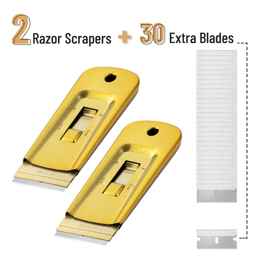 Bates- Metal Razor Blade Scraper, 2 Pack, 30 Extra Blades, Scraper for Cleaning, Glass Scraper, Razor Blade Scraper Tool, Razor Scraper Tool, Scraper Blades, Window Scraper with Razor Blade