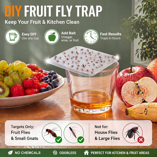 50 Pack Fruit Fly Trap Covers for Cup, Double-Sided Adhesive Cards for Fruit Flies & Gnats, Easy DIY Vinegar Trap for Kitchen Sink, Countertop & Dessert Bowl, Safe, Mess-Free, Indoor Use