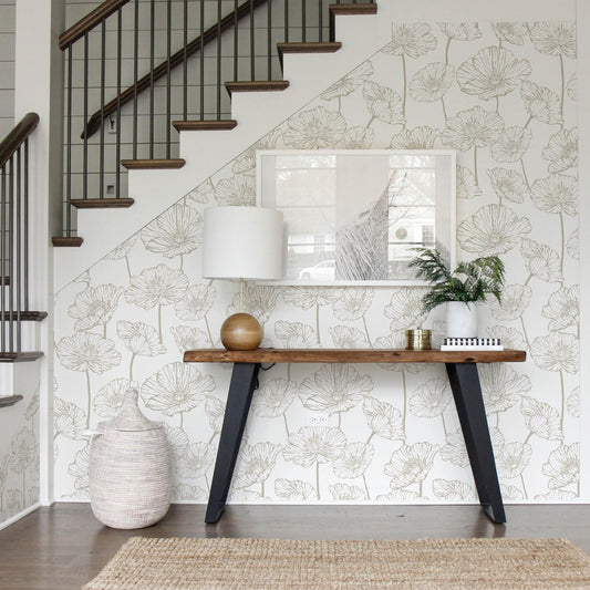 Orainege Modern Peel and Stick Wallpaper 17.3inx118.1in Beige and White Floral Wallpaper Boho Contact Paper Removable Decorative Wall Paper for Bedroom Bathroom Cabinets Decor Vinyl