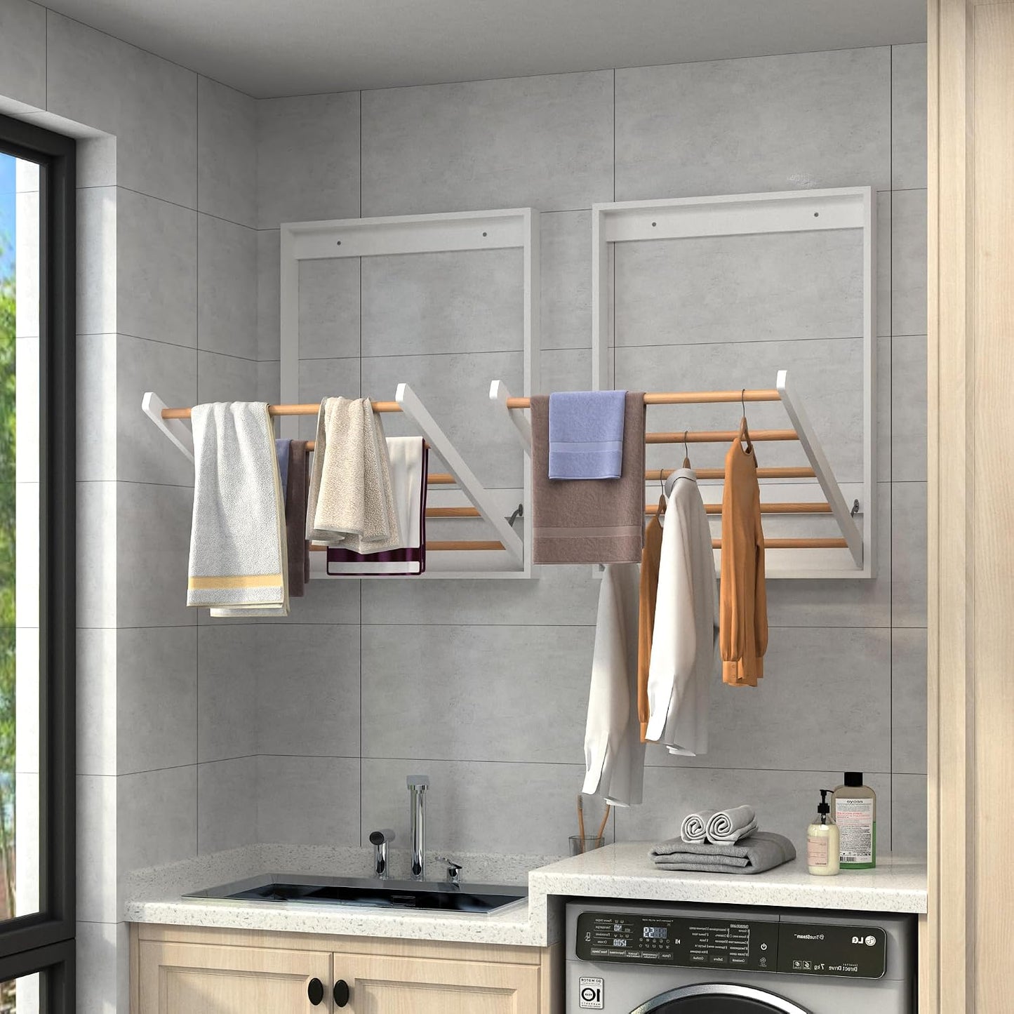 Wooden Wall Mounted Clothes Drying Rack for Laundry Room,White | Solid Wood Crossbar|Space-Saving Design|Easy Installation|Wall-mounted Pull-down Folding Design
