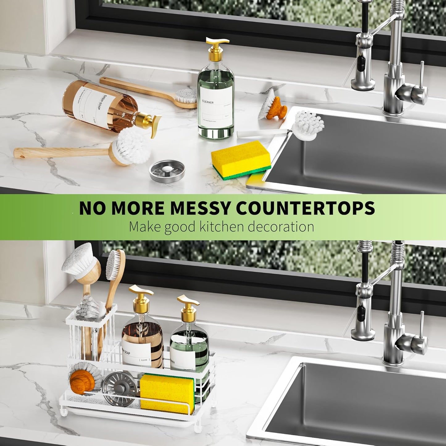 Cisily Large Capacity Kitchen Sink Caddy Organizer, Rustproof Non-Slip Sponge Holder With Dish Brush Holder Organizer, Kitchen Organization and Storage, Essentials Accessories for Countertop