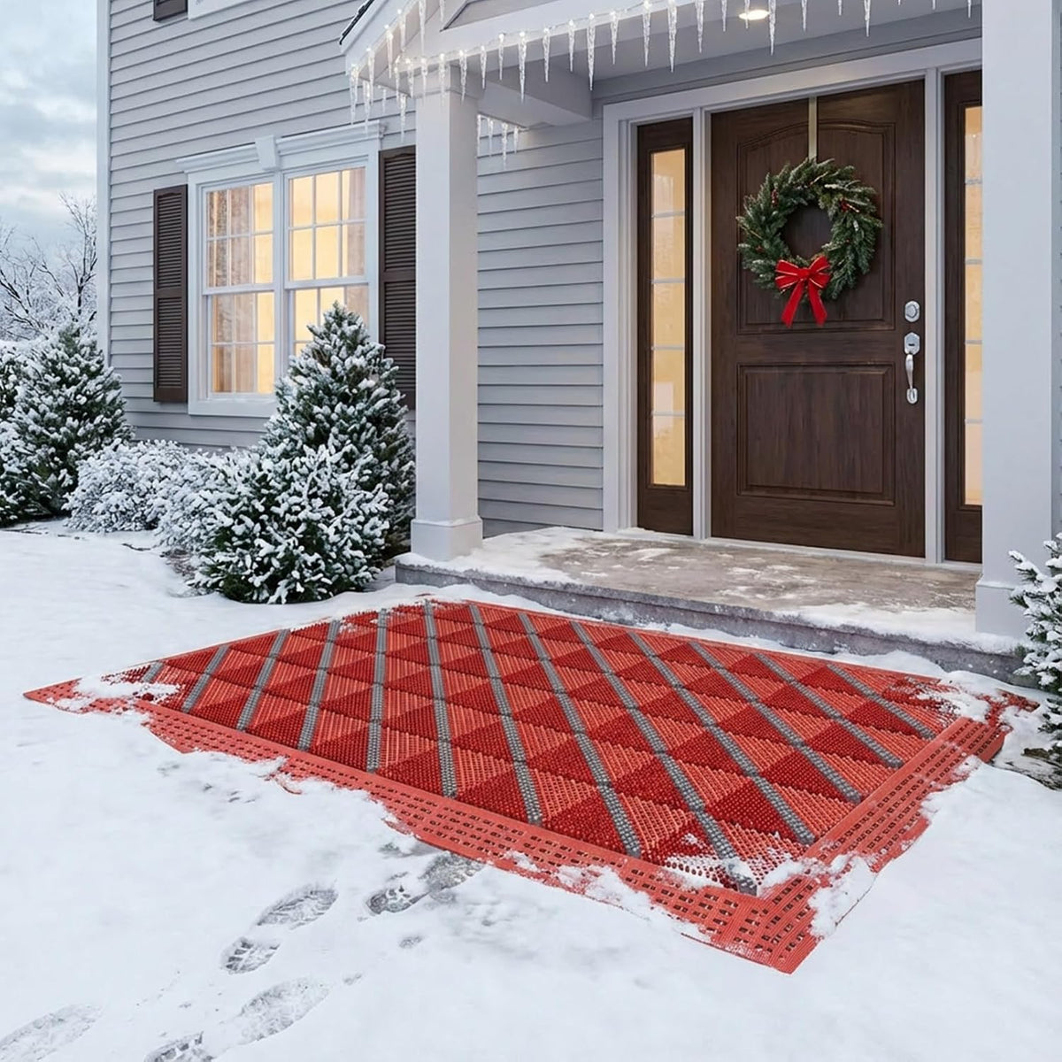 Heavy Duty Outdoor Door Mat with Drainage Holes, All-Weather EVA Boot Scraper Mat, Interlocking Floor Tiles, Non-Slip Waterproof Entrance Mat for Front Door Garage Porch(Gray+Gray,75x150cm)