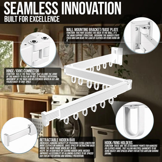 Foldable Wall Mounted Clothes Drying Rack for Laundry, White | 180° swivel, 220 lb hold, aircraft aluminum, retractable, space-saving, indoor outdoor, hanger dryer, balcony bathroom