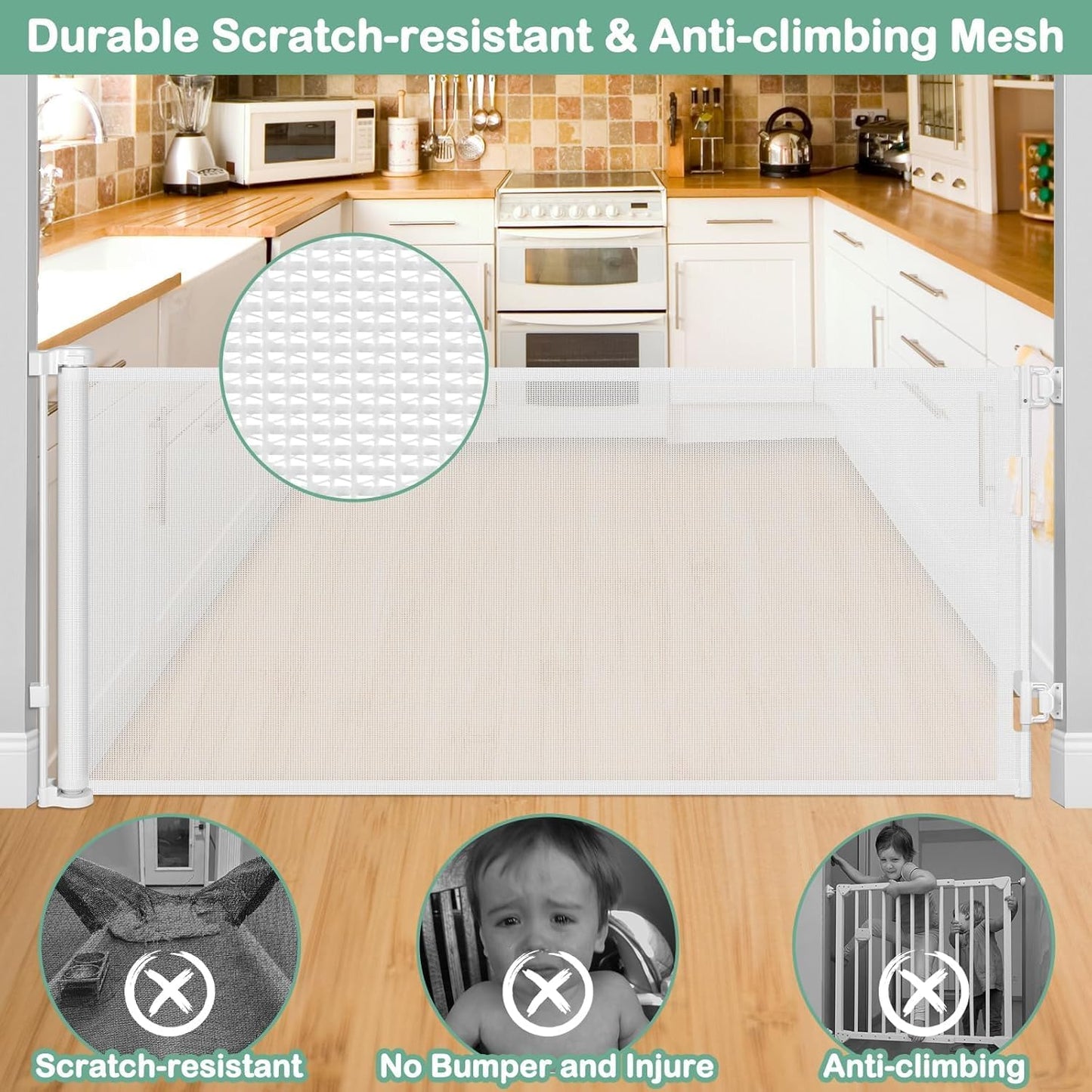55 Inch Retractable Dog Gate Outdoor Scratch-Resistant Mesh Baby Gate for Stairs Retractable Baby Gates for Doorways Anti-Climb Outdoor Dog Gates for Decks Keep Kid/Pet away from Dangerous Place, Gray