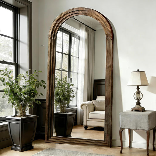 Full Length Mirror with Solid Wood Frame & Stand, 71"x32" Oversized Arched Floor Mirror, Charred Wood Finish Wall Mounted or Leaning Mirror for Bedroom Living Room, Burnt Brown