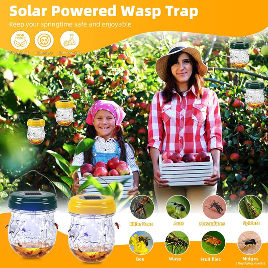4 Pack Solar Wasp Traps Outdoor Hanging: Reusable Yellow Jacket Traps with LED Light - Effective Carpenter Bee Catcher & Hornet Trap - Waterproof Wasp Deterrent for Garden & Yard (4)