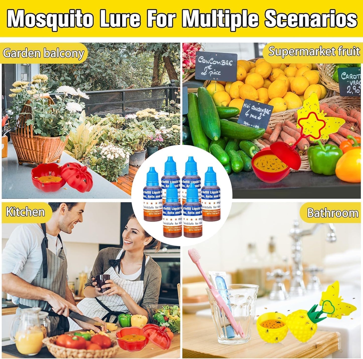 Fruit Fly Trap Refill Liquid only, Fruit Fly Catcher Bait & Gnat Killer Refill, Ready-to-Use Fruit Scented Ants Attractant for Kitchen Bathroom Living Room Use, Safe Near Food (6 Pack)