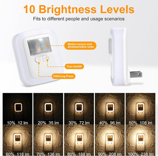 Yelko Night Light Plug In, 200LM Super Bright Nightlihts Plugin, Dimmable LED Night Light with 10 Brightness Levels Adjustable, Soft Warm White Motion Sensor Lights for Corridor, Stair, Gargae,hallway